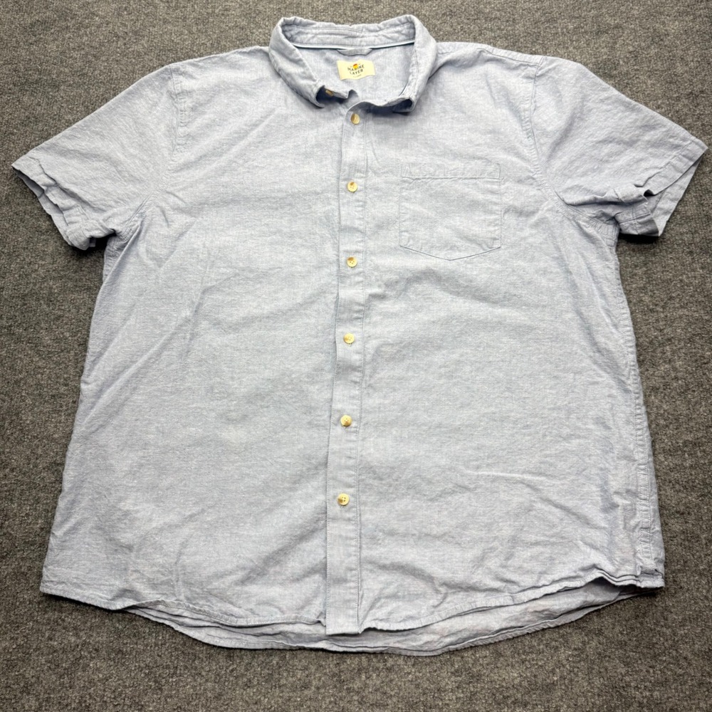 Marine Layer Mens XL Short Sleeve Button Down Hemp Cotton Blend Shirt Blue